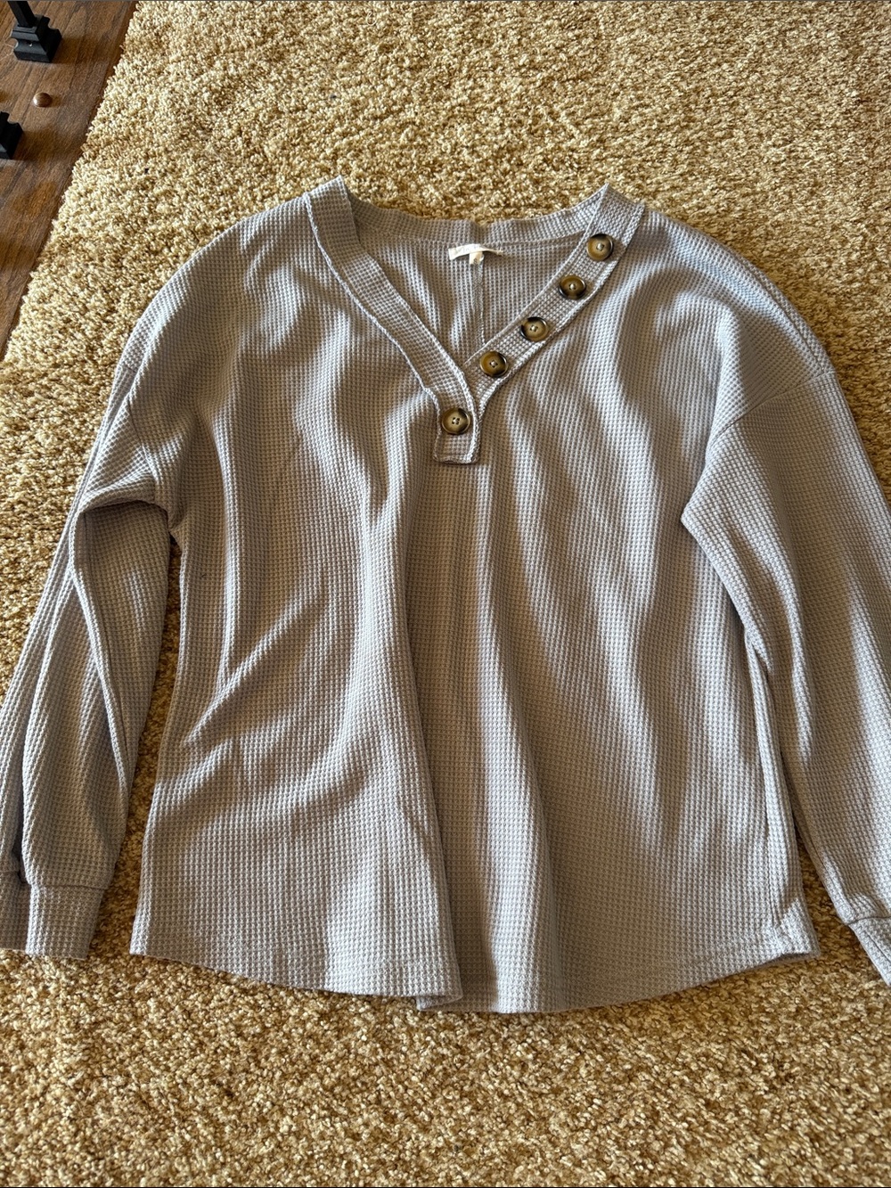 Waffle Knit Button-Accent Long Sleeve Top - Gray